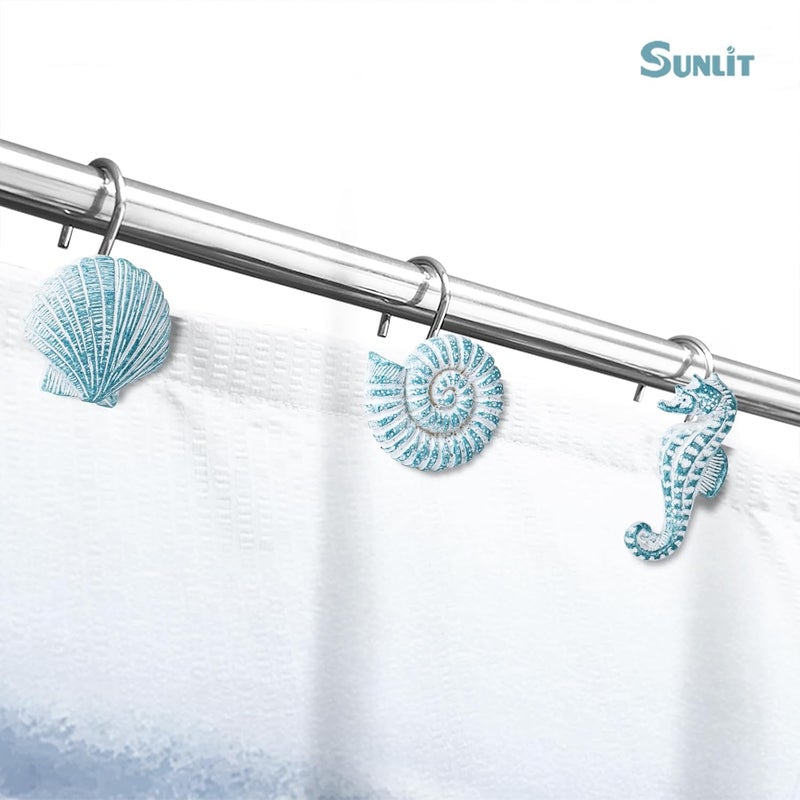 Sunlit 12-Piece Aqua Blue Resin Shower Curtain Hooks, Ocean Creatures Coastal Design, Nautical Bathroom Decoration - Image 5